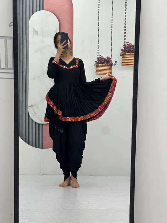 Lovely Black Rayon Cotton Gamthi Work Dhoti Suit