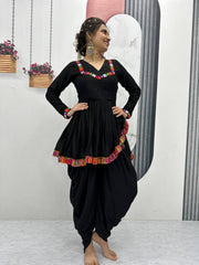 Lovely Black Rayon Cotton Gamthi Work Dhoti Suit