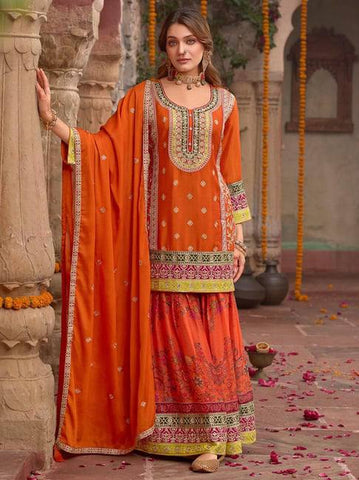 Elegant Chinon Silk with Mirror Work Sharara Suit