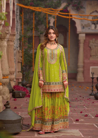 Elegant Chinon Silk with Mirror Work Sharara Suit