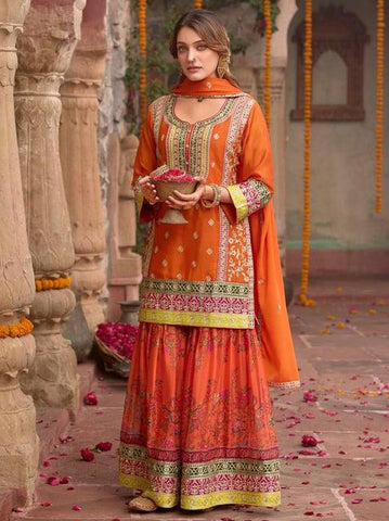 Elegant Chinon Silk with Mirror Work Sharara Suit