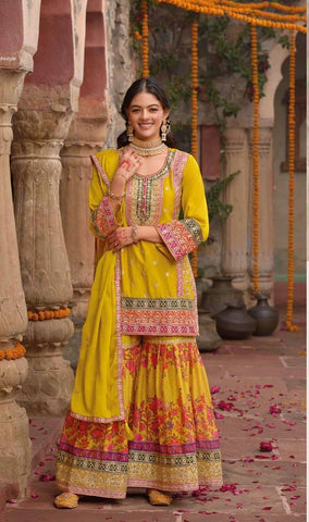 Elegant Chinon Silk with Mirror Work Sharara Suit