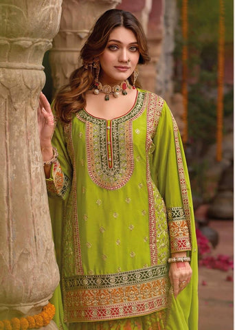 Elegant Chinon Silk with Mirror Work Sharara Suit