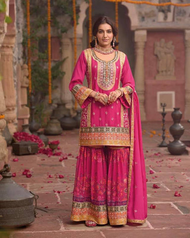 Elegant Chinon Silk with Mirror Work Sharara Suit
