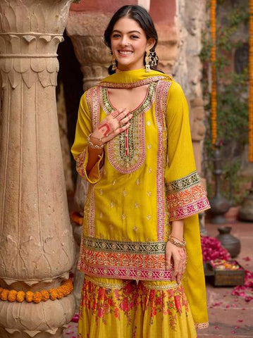 Elegant Chinon Silk with Mirror Work Sharara Suit