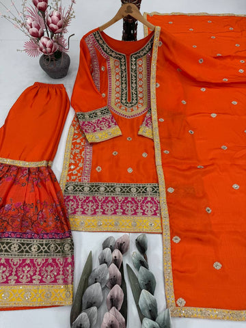 Elegant Chinon Silk with Mirror Work Sharara Suit