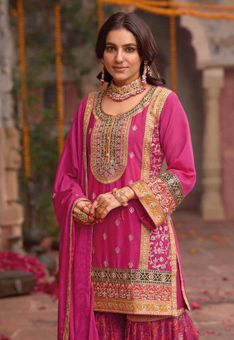 Elegant Chinon Silk with Mirror Work Sharara Suit