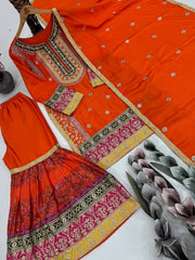 Exclusive Orange Chinon Silk with Mirror Work Sharara Suit