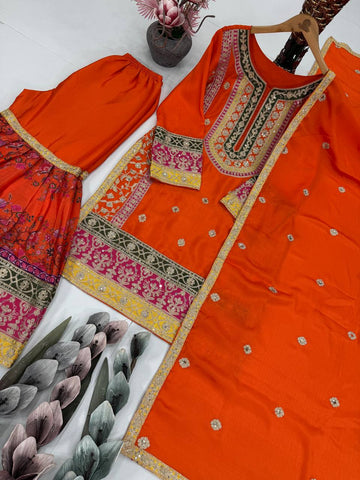 Elegant Chinon Silk with Mirror Work Sharara Suit