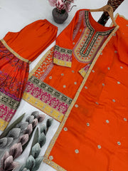 Exclusive Orange Chinon Silk with Mirror Work Sharara Suit