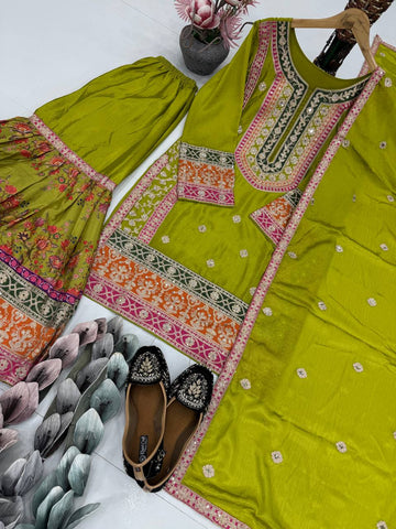 Elegant Chinon Silk with Mirror Work Sharara Suit