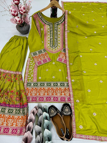 Elegant Chinon Silk with Mirror Work Sharara Suit