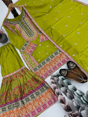 Exclusive Orange Chinon Silk with Mirror Work Sharara Suit