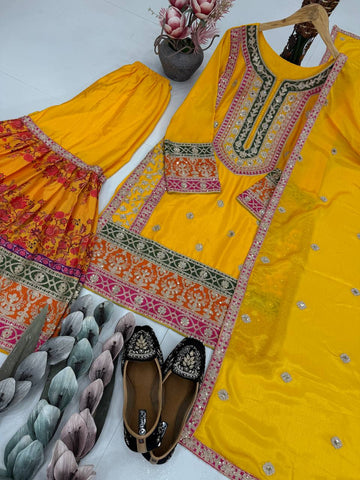 Elegant Chinon Silk with Mirror Work Sharara Suit