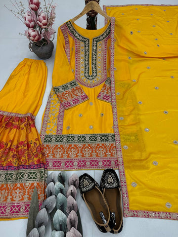 Elegant Chinon Silk with Mirror Work Sharara Suit