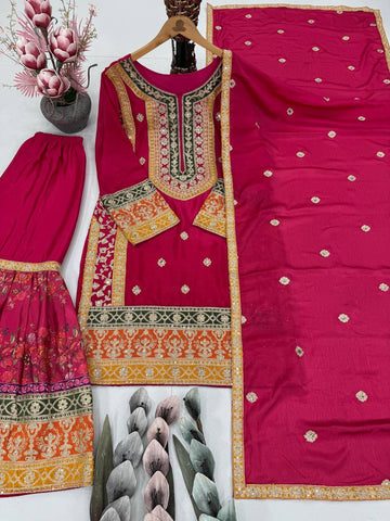 Elegant Chinon Silk with Mirror Work Sharara Suit