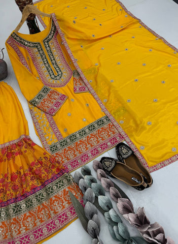Elegant Chinon Silk with Mirror Work Sharara Suit