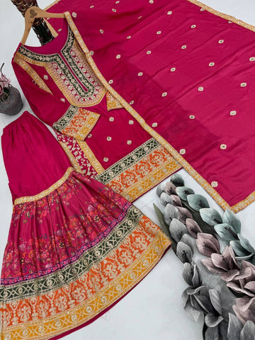 Elegant Chinon Silk with Mirror Work Sharara Suit