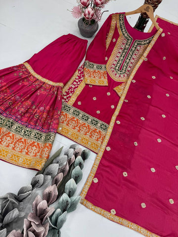 Elegant Chinon Silk with Mirror Work Sharara Suit