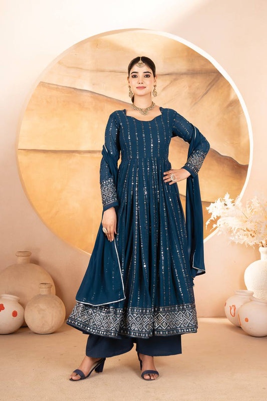 Gorgeous Blue Faux Blooming Work Palazzo Suit