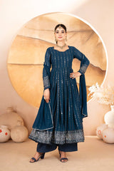 Gorgeous Blue Faux Blooming Work Palazzo Suit