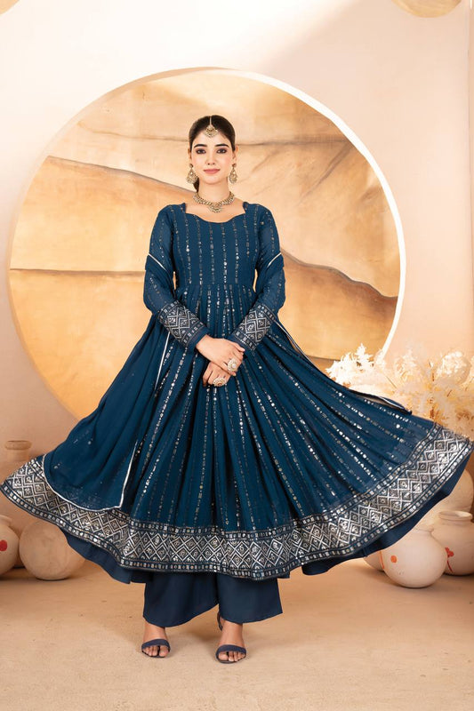 Gorgeous Blue Faux Blooming Work Palazzo Suit