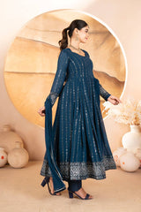 Gorgeous Blue Faux Blooming Work Palazzo Suit