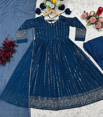 Gorgeous Blue Faux Blooming Work Palazzo Suit