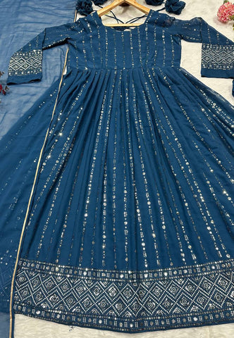 Gorgeous Blue Faux Blooming Work Palazzo Suit