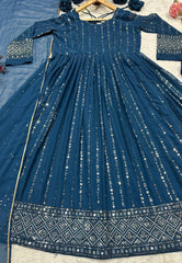 Gorgeous Blue Faux Blooming Work Palazzo Suit