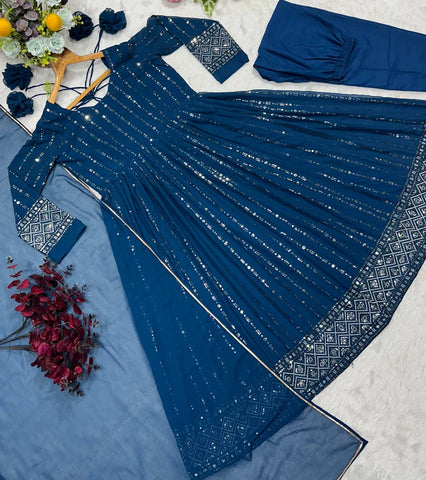 Gorgeous Blue Faux Blooming Work Palazzo Suit