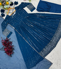 Gorgeous Blue Faux Blooming Work Palazzo Suit