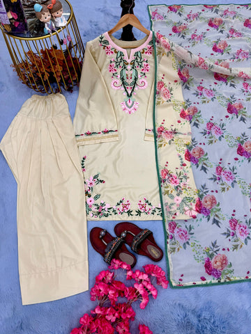 Stylish Beige Crepe Embroidery Palazzo Suit