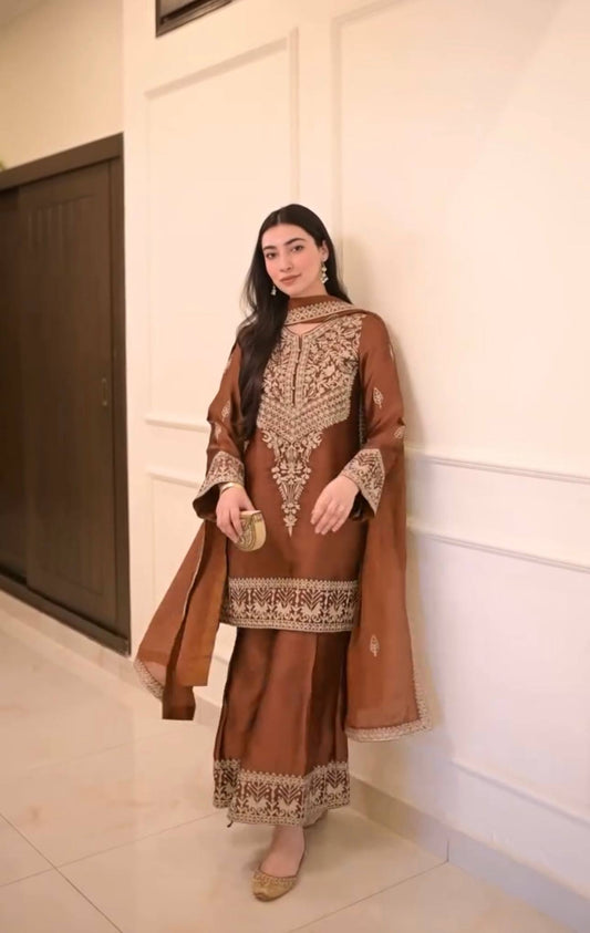 Amazing Brown Chinon Silk Embroidery Work Palazzo Suit