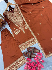 Amazing Brown Chinon Silk Embroidery Work Palazzo Suit
