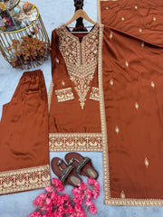 Amazing Brown Chinon Silk Embroidery Work Palazzo Suit