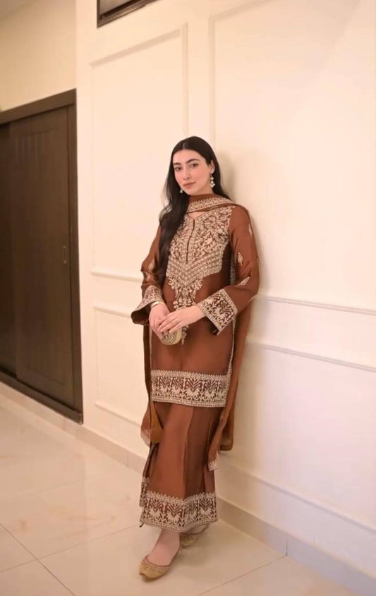 Amazing Brown Crepe Chinestich Palazzo Suit