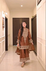 Amazing Brown Crepe Chinestich Palazzo Suit