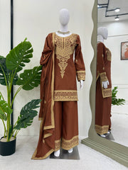 Amazing Brown Crepe Chinestich Palazzo Suit