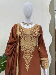Amazing Brown Crepe Chinestich Palazzo Suit