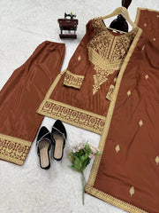 Amazing Brown Crepe Chinestich Palazzo Suit