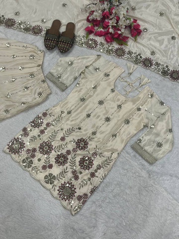 Designer Cream Chinnon Sequence Work Sharara Suit