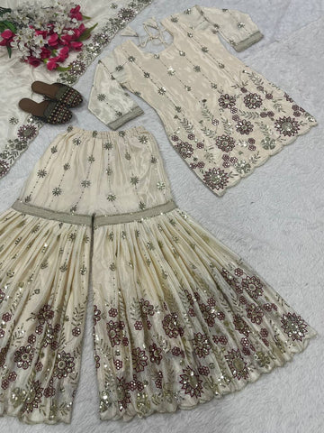 Designer Cream Chinnon Sequence Work Sharara Suit