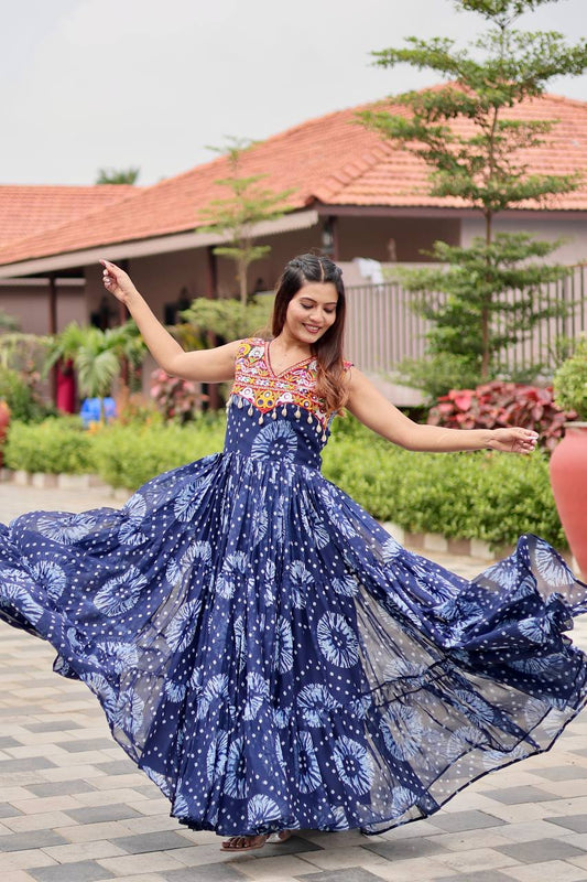 Gorgeous Green Georgette Gamthi Work Gown For Navratri