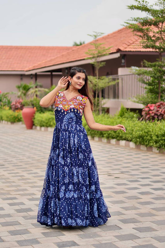 Gorgeous Green Georgette Gamthi Work Gown For Navratri