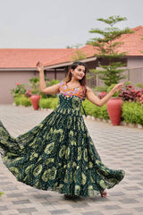 Gorgeous Green Georgette Gamthi Work Gown For Navratri