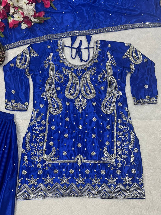 Attractive Blue Chinon Silk Sequence Work Sharara Suit