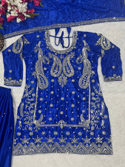 Attractive Blue Chinon Silk Sequence Work Sharara Suit