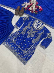 Attractive Blue Chinon Silk Sequence Work Sharara Suit