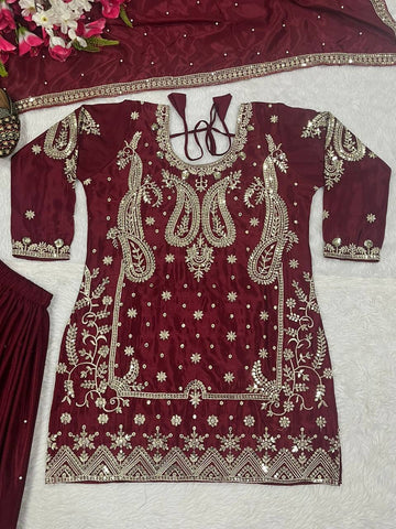 Attractive Chinon Silk Sequence Work Sharara Suit